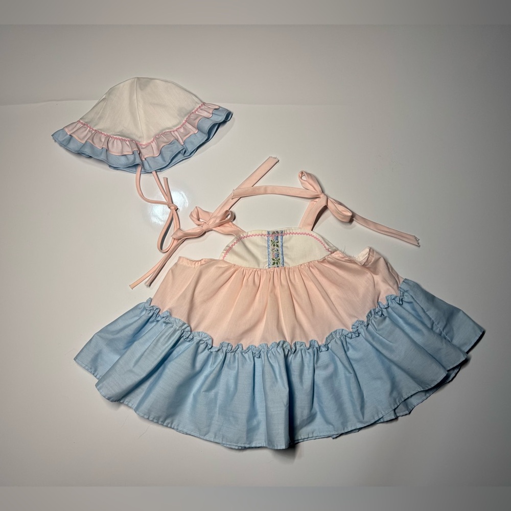 Pink and Light Blue Ruffle Baby Dress with Matching Hat